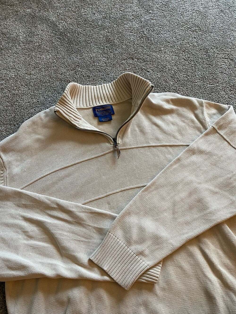 VTG Pendleton Vintage Heavy Knit Quarter Zip Pullover Sweater Cream L Made In Ja